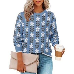 Floral Print Oversized Sweater – Lightweight Knit Crewneck Pullover
